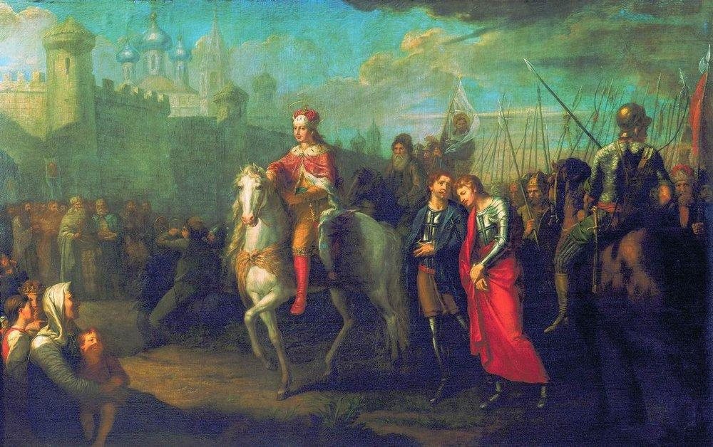 Obraz księcia na białym koniu wjeżdżającego do warownego miasta, witanego przez klęczących mieszczan, obok pojmani rycerze