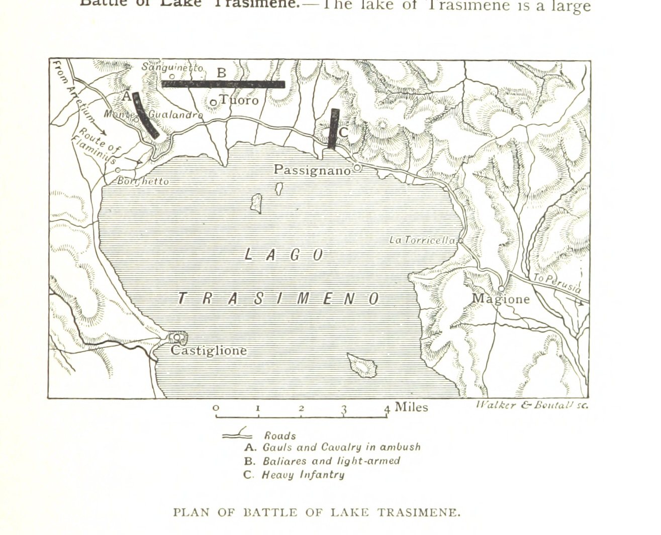 Engraved map of Lake Trasimene with the Carthaginian ambush positions along the hills of the northern shore