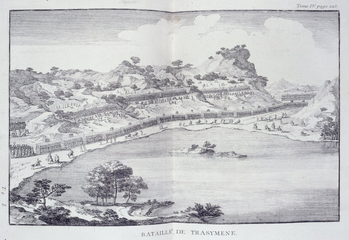 Engraving of troops descending wooded hills toward a long column of soldiers beside a lake