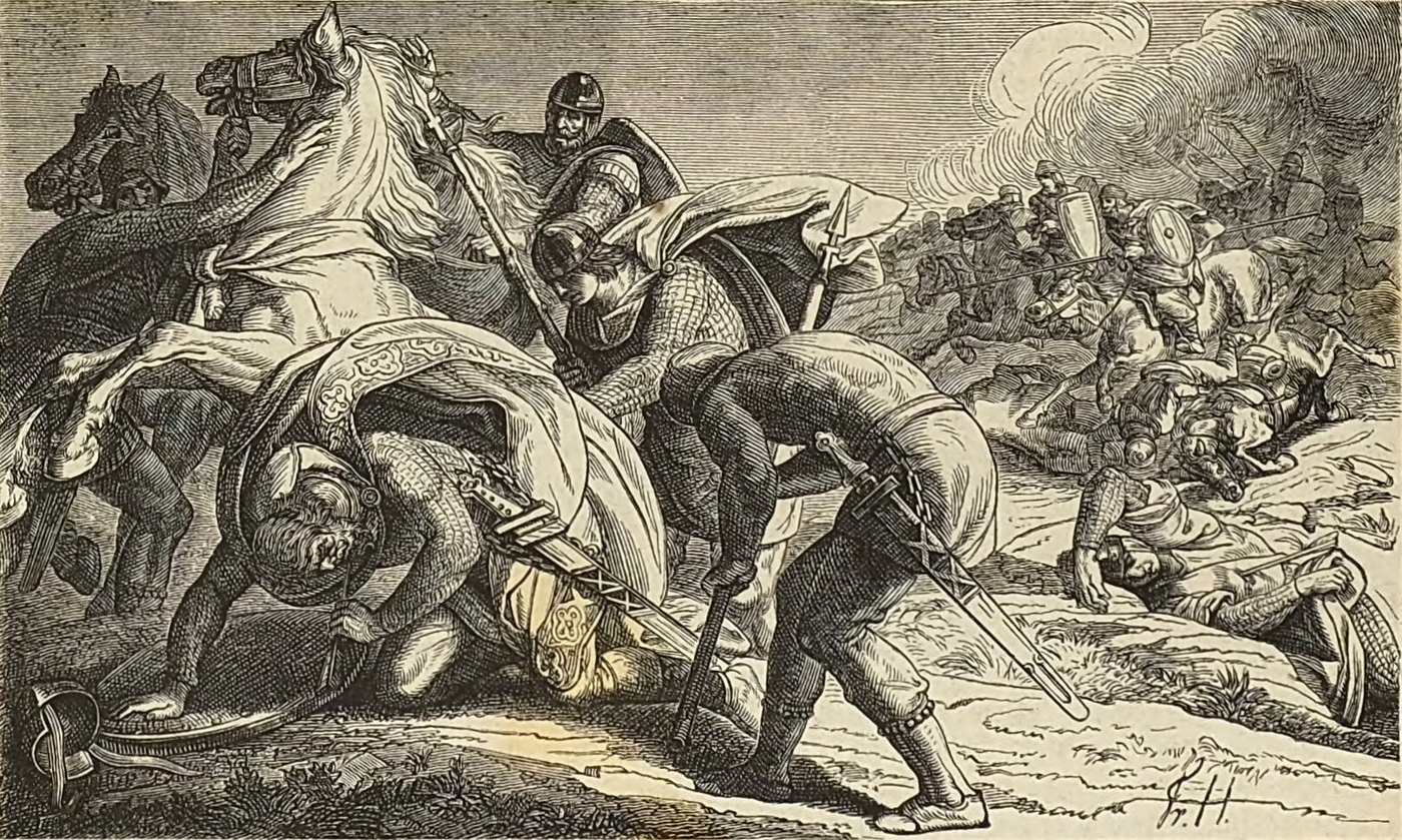 Black-and-white engraving of a dying knight in mail, an arrow wound at his throat, being lifted by companions beside a rearing horse while horsemen fight in the smoky background