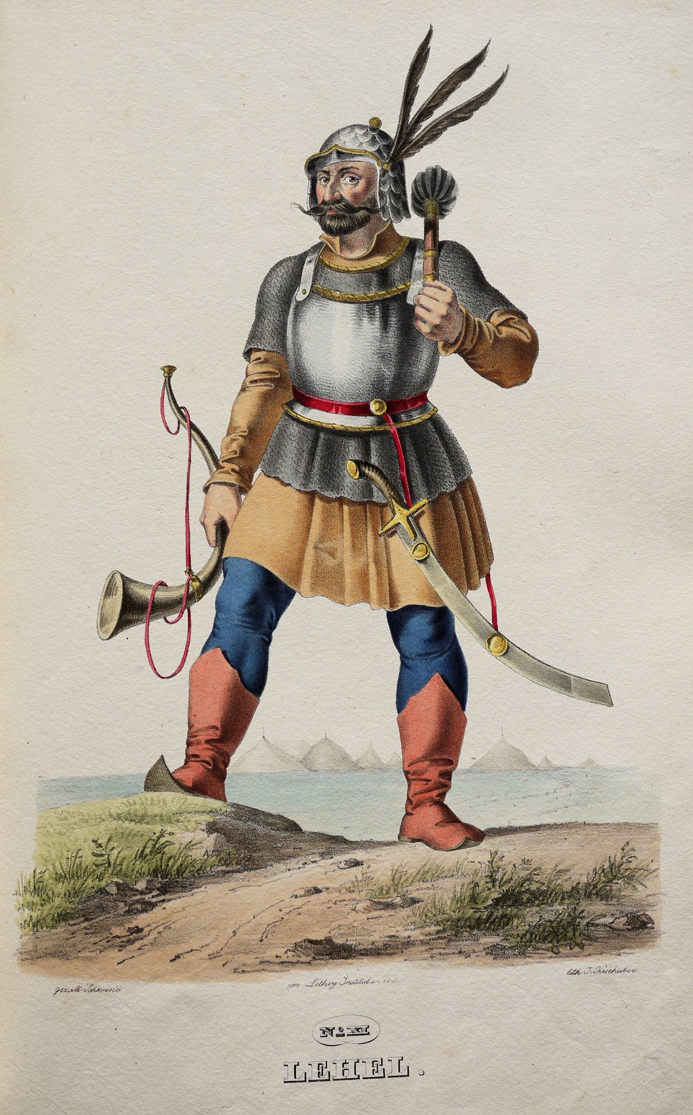 Hand-colored lithograph of a bearded Magyar warrior chief in a plumed helmet, mail and breastplate, holding a mace, with a curved horn and a saber at his side, standing on a riverbank