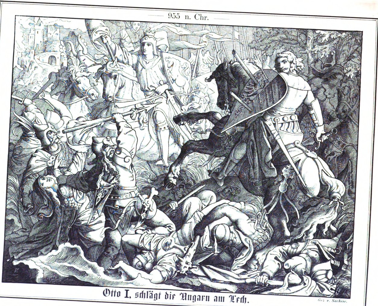 Nineteenth-century wood engraving of a battle in a forest: a crowned king rides beneath a banner while knights cut down Magyar warriors, with bodies on the ground, titled Otto I. schlägt die Ungarn am Lech