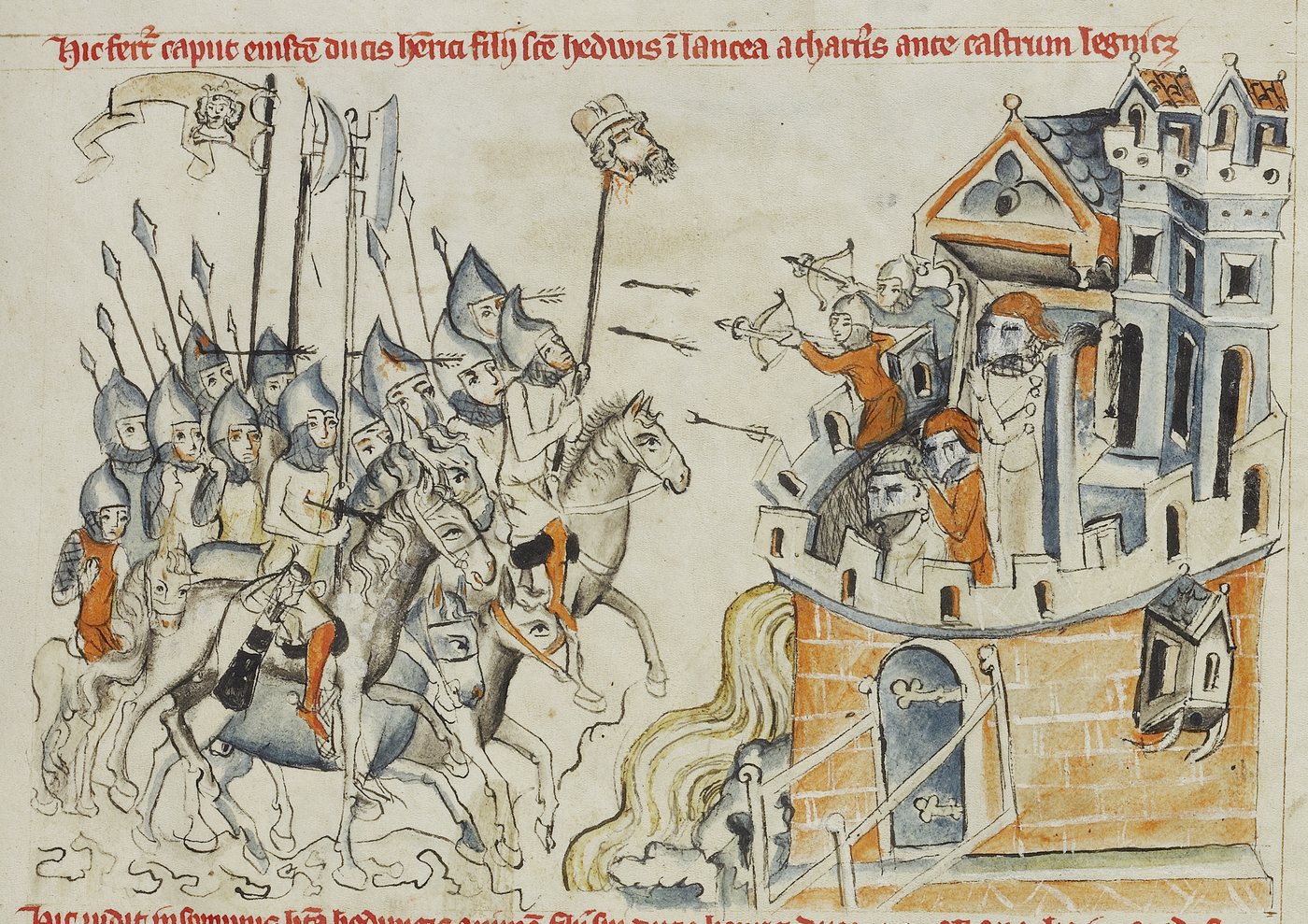 Medieval miniature of mounted warriors with a severed head on a spear riding up to a castle whose defenders shoot back