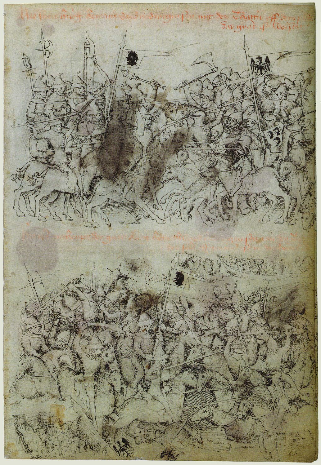 Pen drawing of a crowded cavalry battle in two scenes on a manuscript page