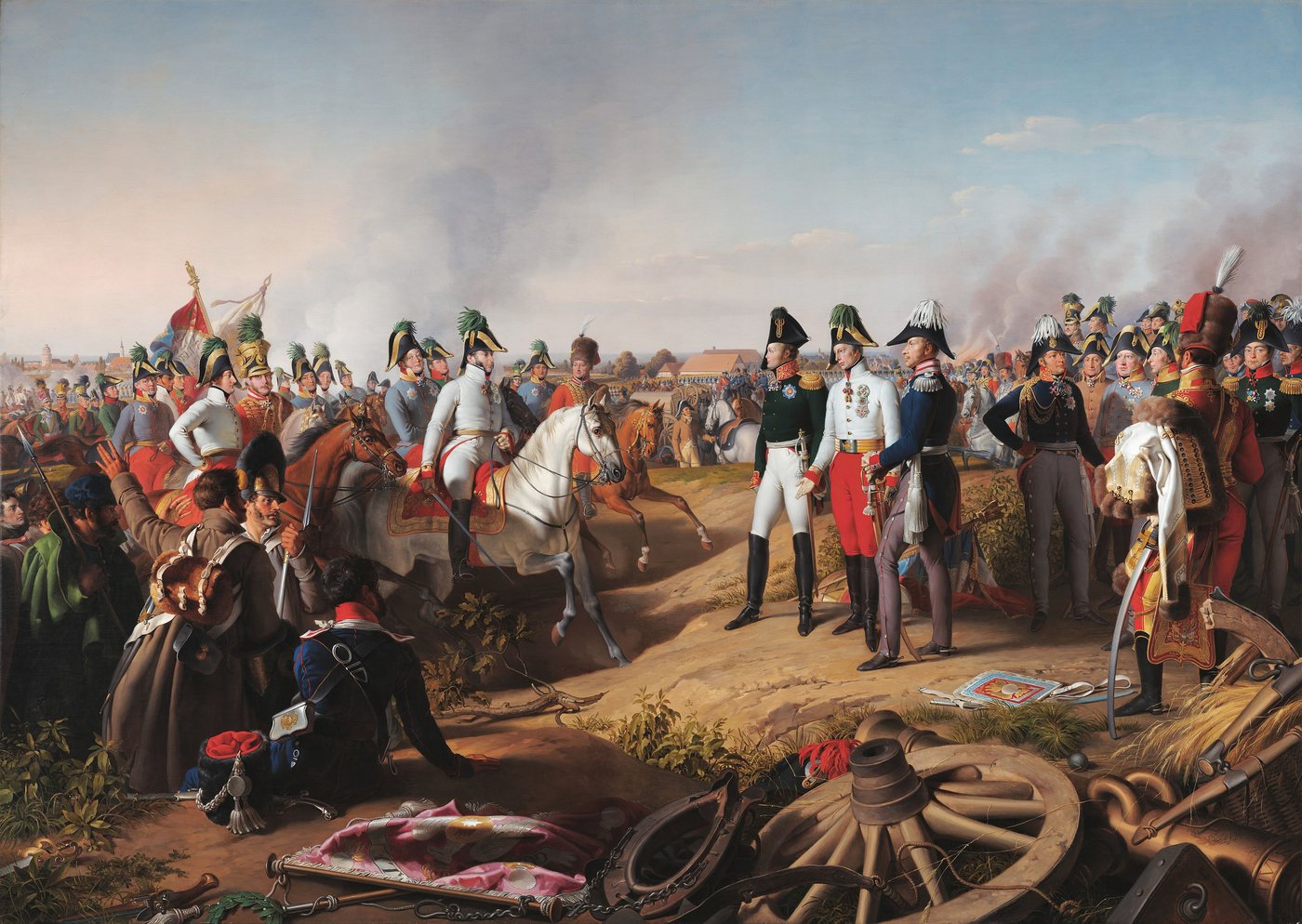 Painting of an officer on horseback saluting three monarchs standing among soldiers and wreckage on a battlefield