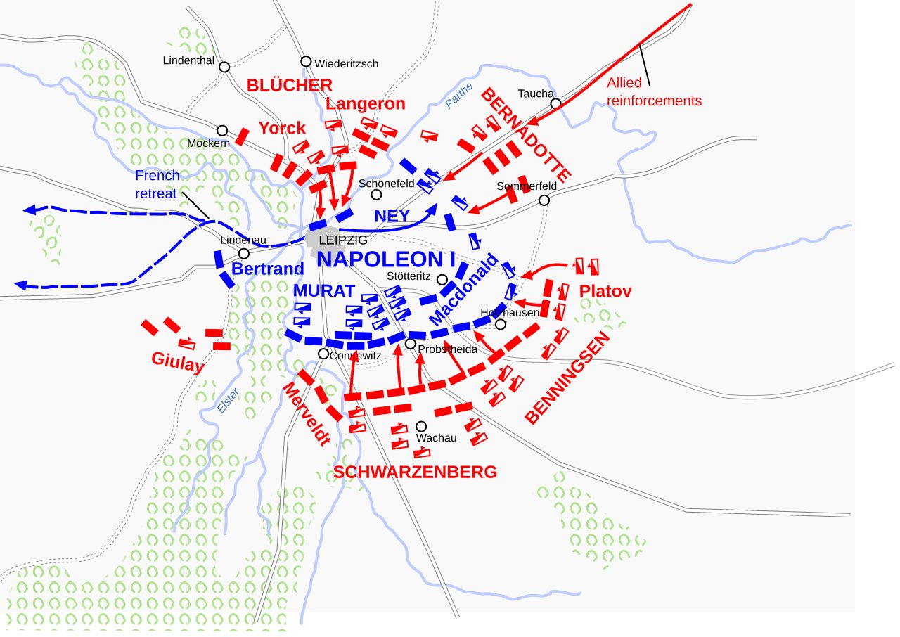 Battle map of Leipzig with blue French units encircled by red coalition units and a dashed French retreat line to the west