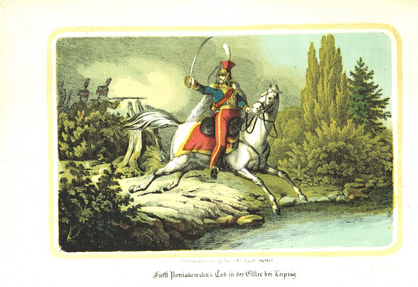 Coloured print of a hussar officer on a white horse leaping from a riverbank while soldiers fire from the bushes
