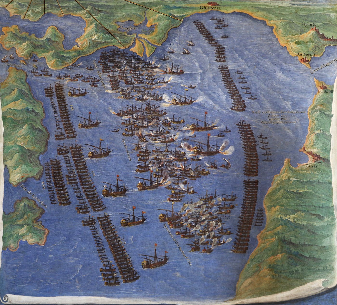 Malowana mapa bitwy pod Lepanto z rzędami galer naprzeciw siebie
