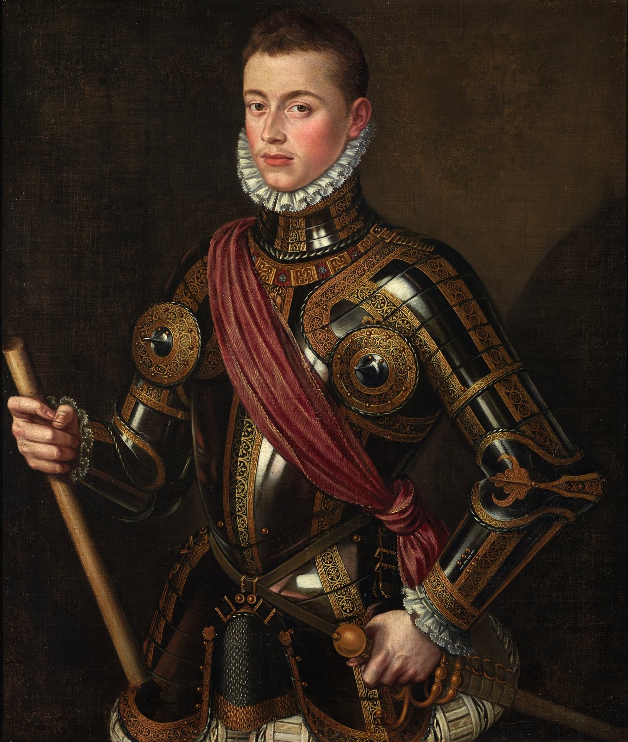 Portret młodego Don Juana de Austria w zdobionej zbroi z czerwoną szarfą
