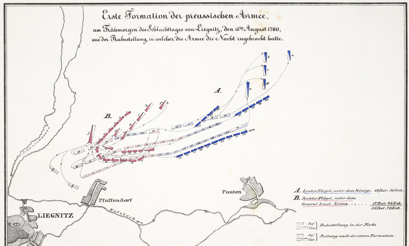 Nineteenth-century map in ink and color: the town of Liegnitz, the villages of Pfaffendorf and Panten, the rivers Schwarzwasser and Katzbach, and two curved lines of red and blue blocks marking the Prussian left wing under the king and right wing under Zieten