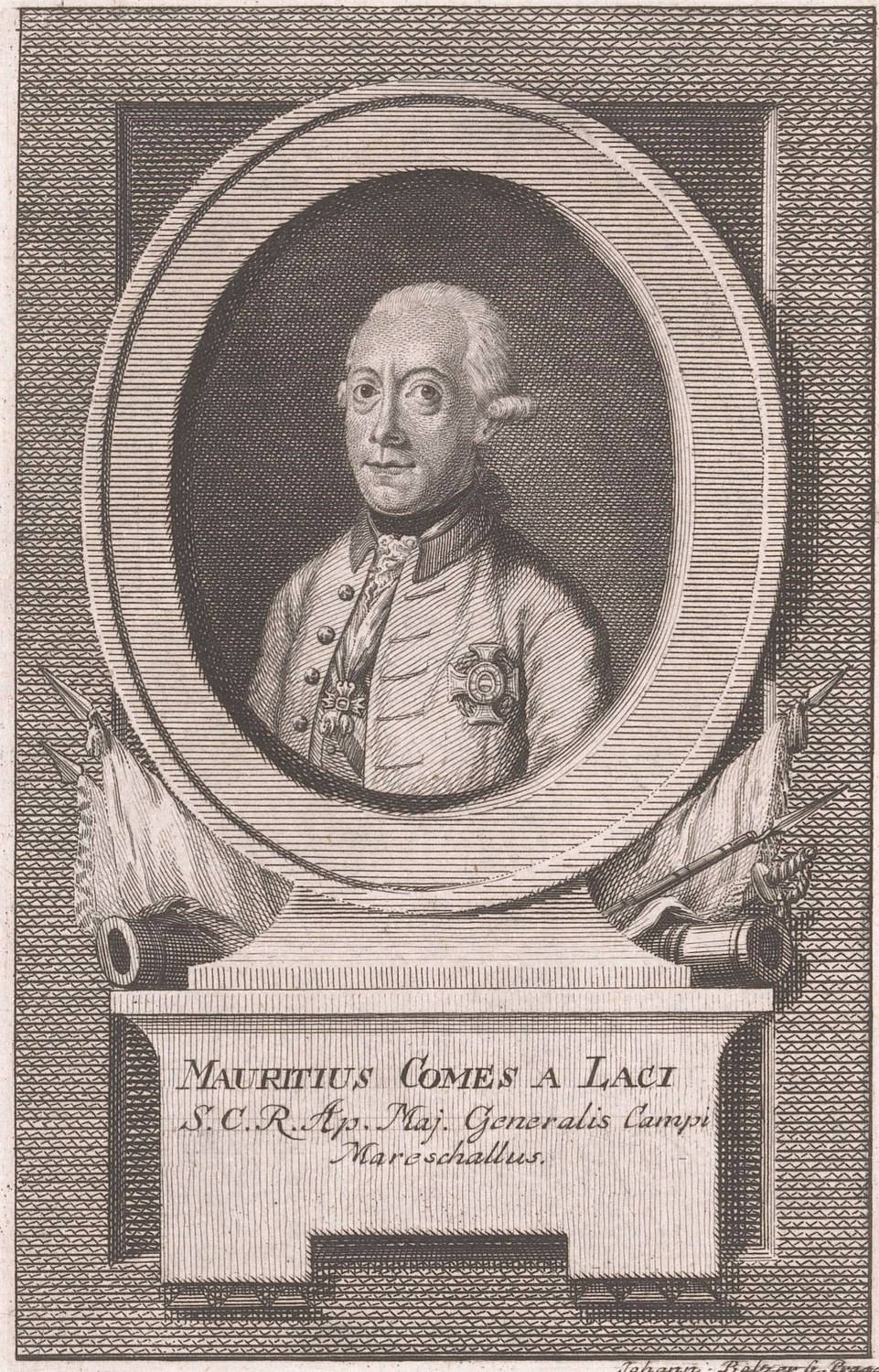 Engraved portrait in an oval frame of a man in a white uniform coat with a star of an order, set on a stone pedestal decorated with flags, cannon and drums, with the Latin inscription Mauritius Comes a Laci