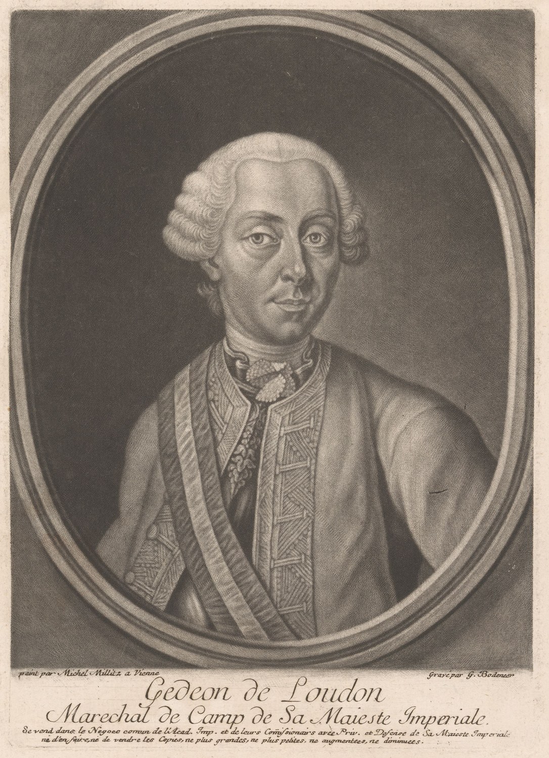 Mezzotint portrait in an oval frame of a man in a powdered wig and a richly braided coat with a sash, above the title Gedeon de Loudon, Marechal de Camp de Sa Majeste Imperiale