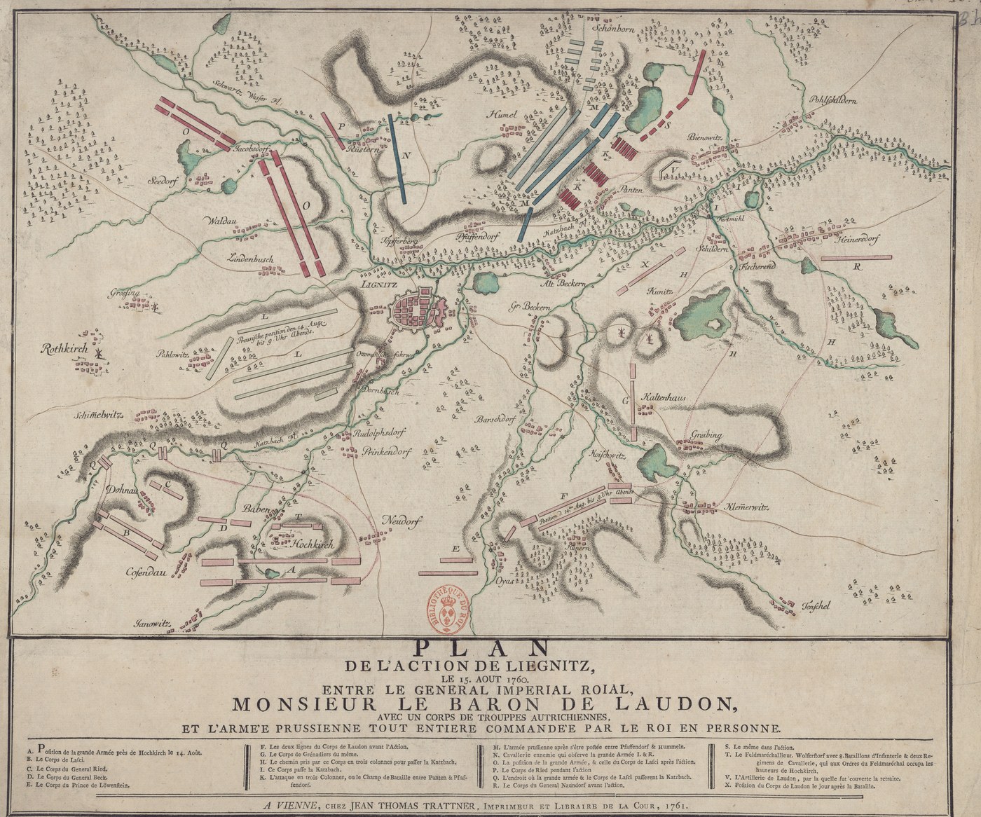 Hand-colored engraved battle plan printed in Vienna: the walled town of Liegnitz at the center, rivers and woods, red Austrian and blue Prussian troop blocks north-east of the town, and a long printed title naming Baron de Laudon