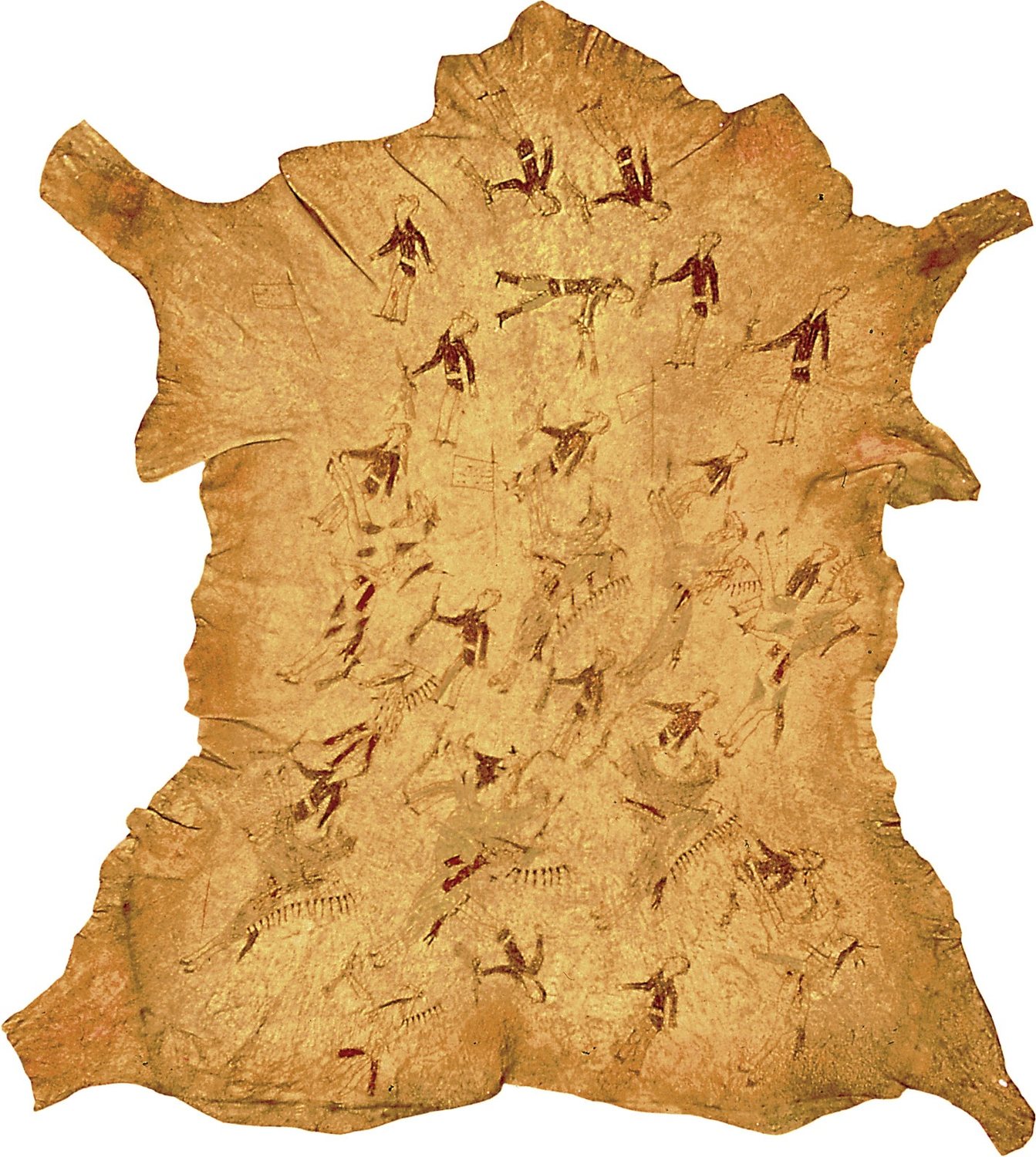 Painted bison hide covered with small figures of mounted warriors and fallen soldiers