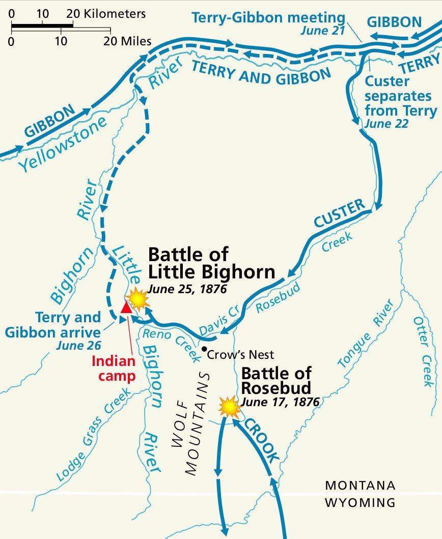 Map of rivers in southern Montana with the routes of Custer, Terry, Gibbon and Crook and the Indian camp