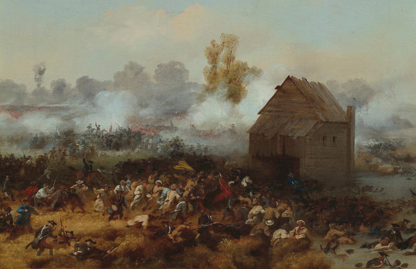 Painting of soldiers fighting in smoke around a stone farmhouse beside a creek