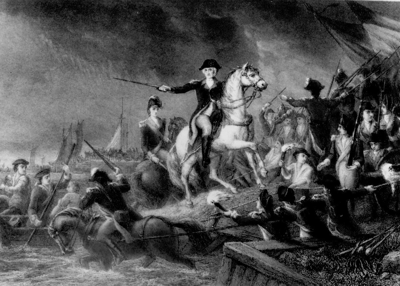Engraving of George Washington on a white horse directing troops into boats at a riverbank at night
