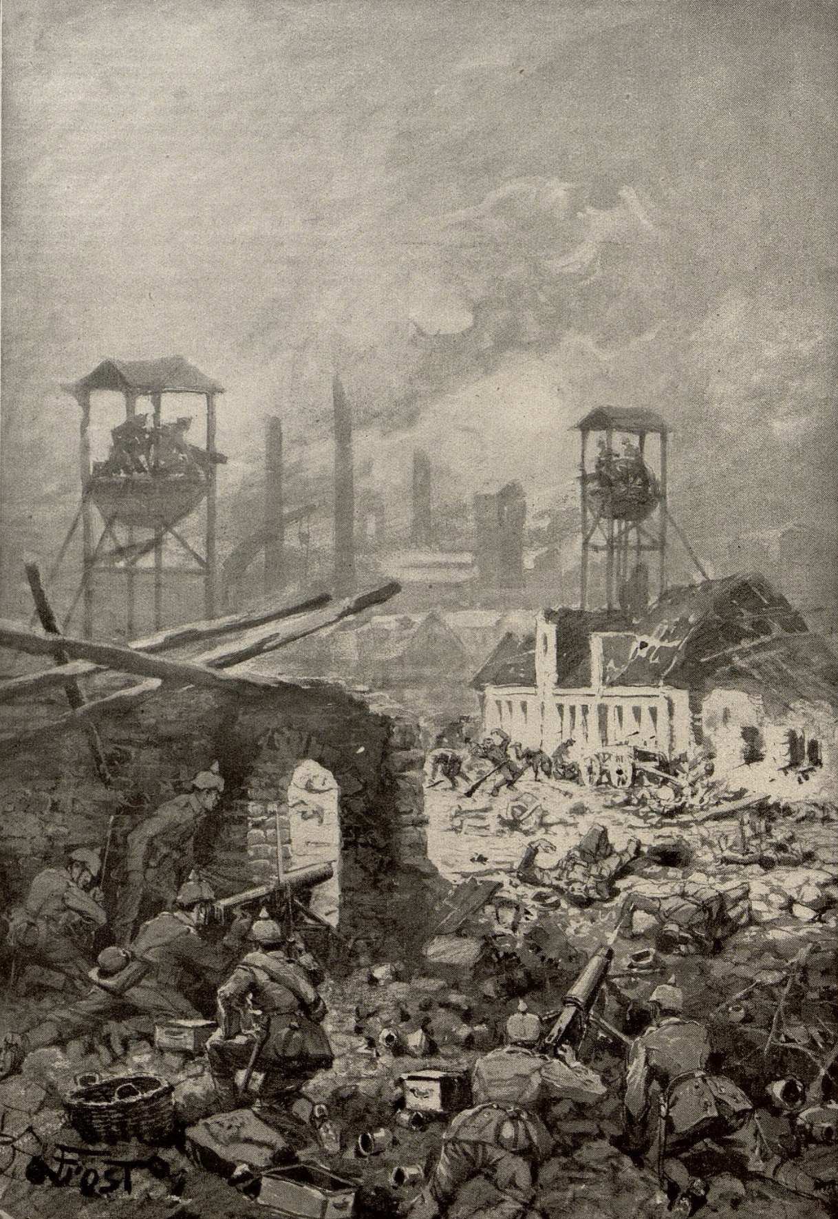 Black and white illustration of German soldiers with a machine gun firing from behind a ruined brick wall in a rubble-strewn mining street, with two tall pithead towers and factory chimneys under smoke in the background