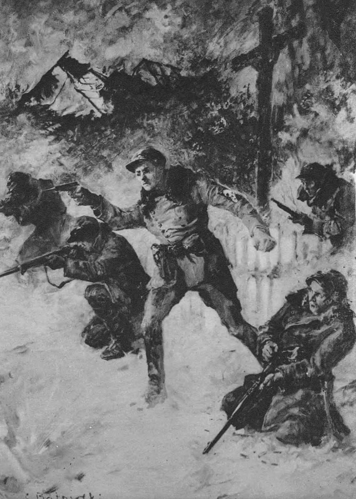 Black and white painting of a Polish officer in a cap striding forward with a pistol in the snow beside a roadside cross while soldiers around him fire rifles