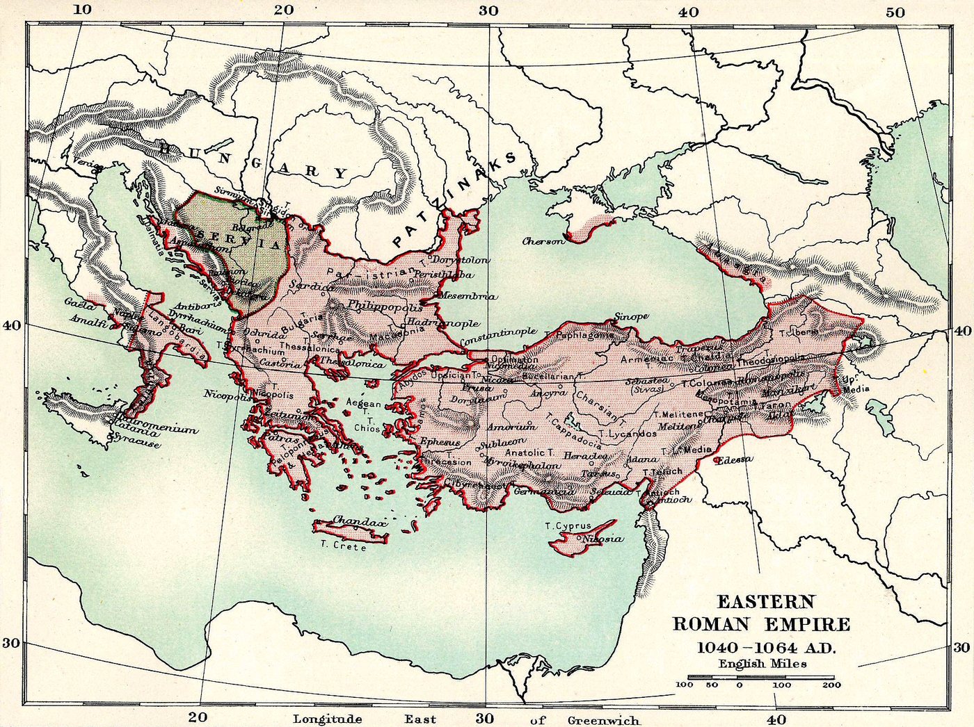 Coloured historical map of the Byzantine Empire in the Balkans and Anatolia
