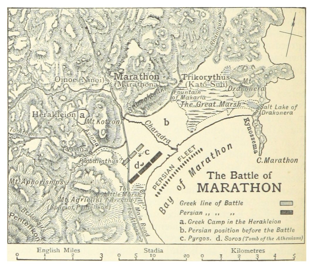 Engraved map of the bay and plain of Marathon with the Greek and Persian lines of battle marked