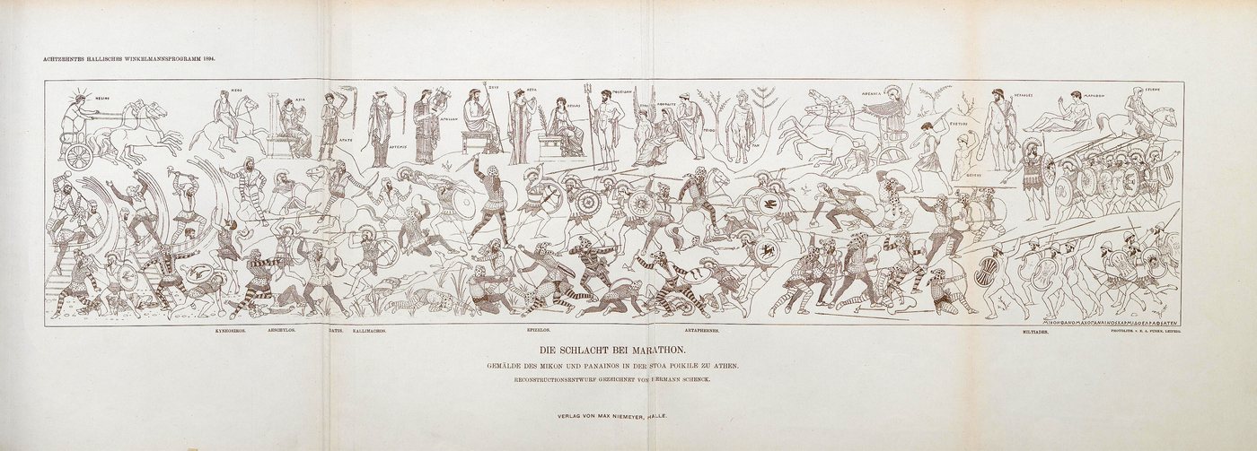 Long frieze-like drawing of Greek hoplites fighting and pursuing Persians toward ships