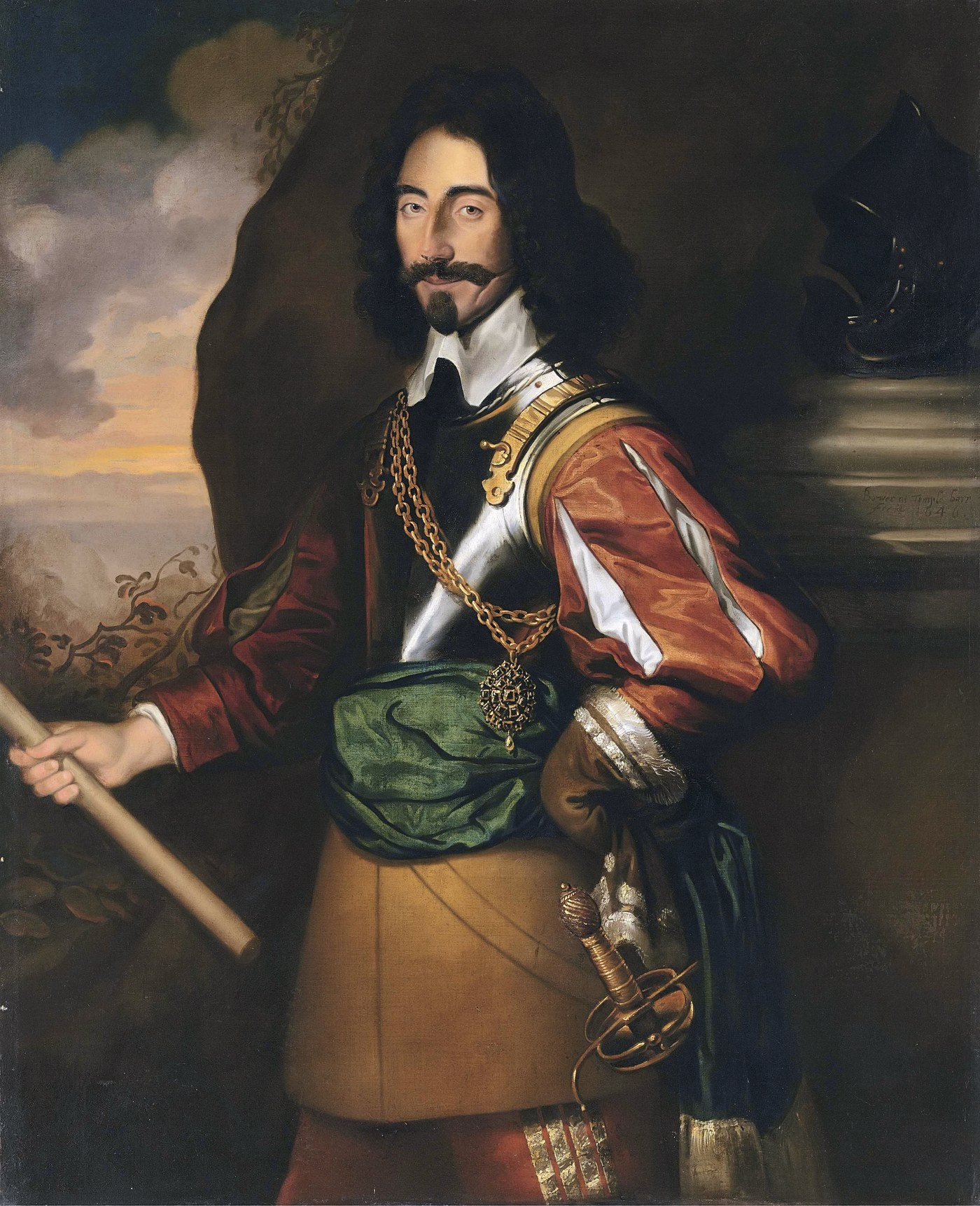 Three-quarter-length oil portrait of a dark-haired man with a mustache and pointed beard, in a steel breastplate over a red and gold sleeved coat with a green sash, holding a commander's baton against a cloudy sky