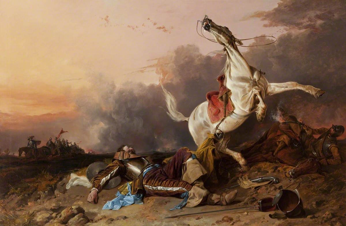 Oil painting of a battlefield at dusk: a fallen officer in armor and a brown coat lies on the ground beside a dead horse while a riderless white horse rears in panic above him, with distant horsemen and smoke under a red evening sky