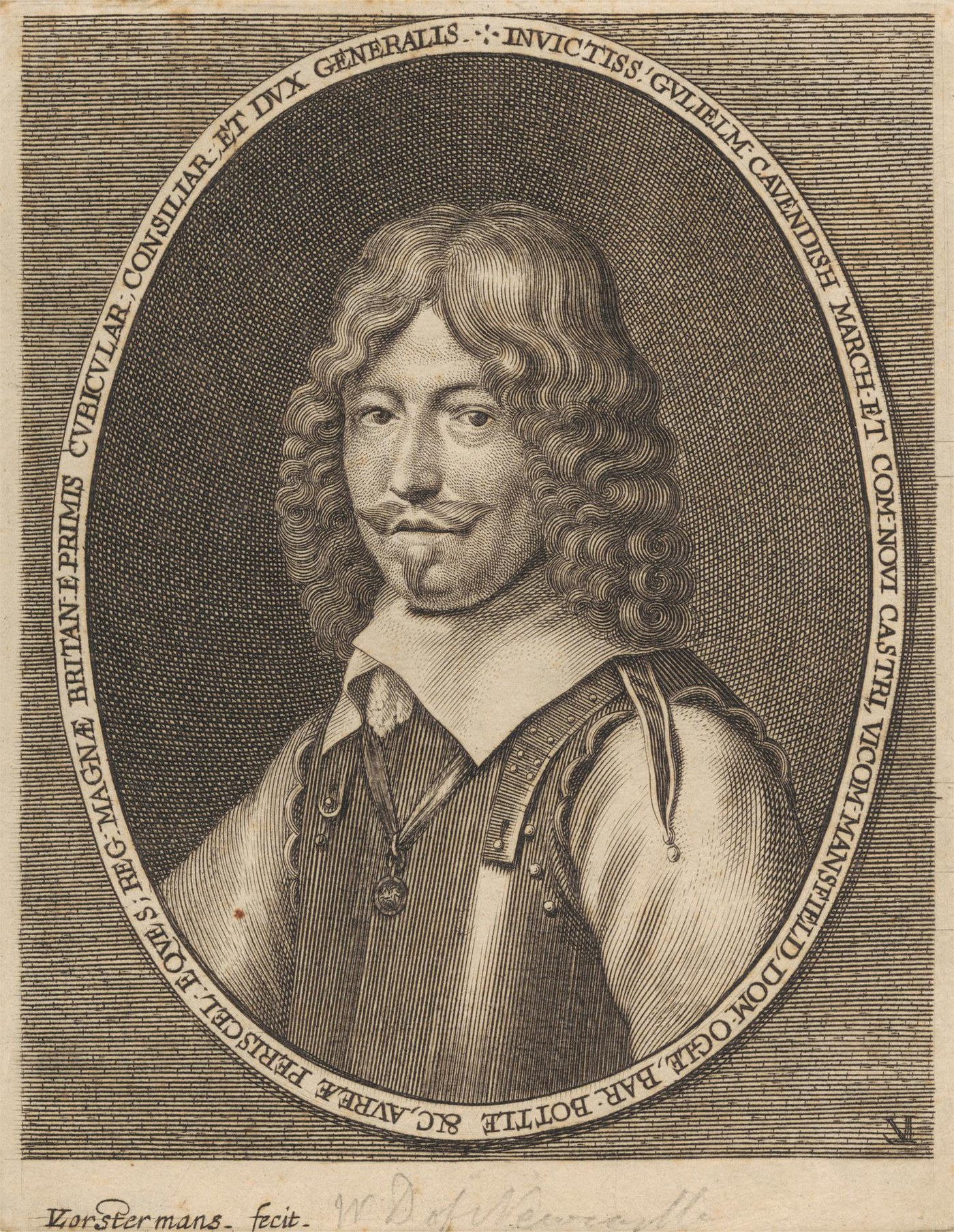 Engraved half-length portrait of a man with long curling hair, a thin mustache and a small beard, wearing a plain collar and a buff coat, inside an oval frame with a Latin inscription