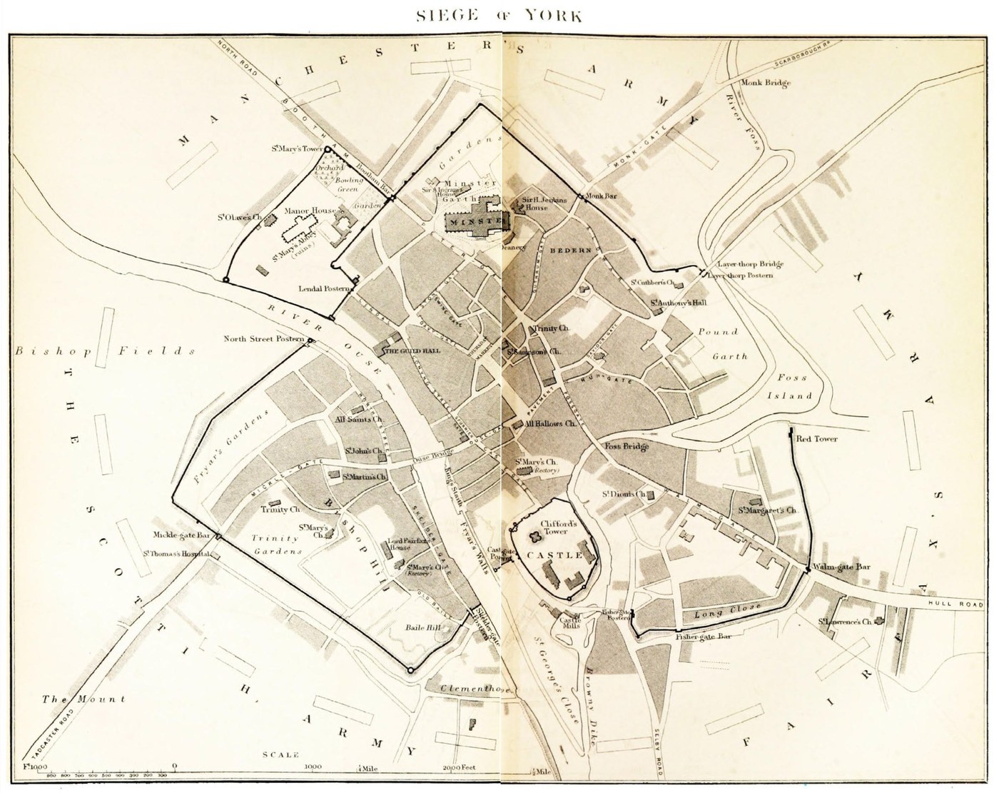 Nineteenth-century plan of a walled city on a river, with streets, churches and a castle inside the walls and the positions of the Earl of Manchester's army, the Scottish army and Lord Fairfax's army marked in large letters around it