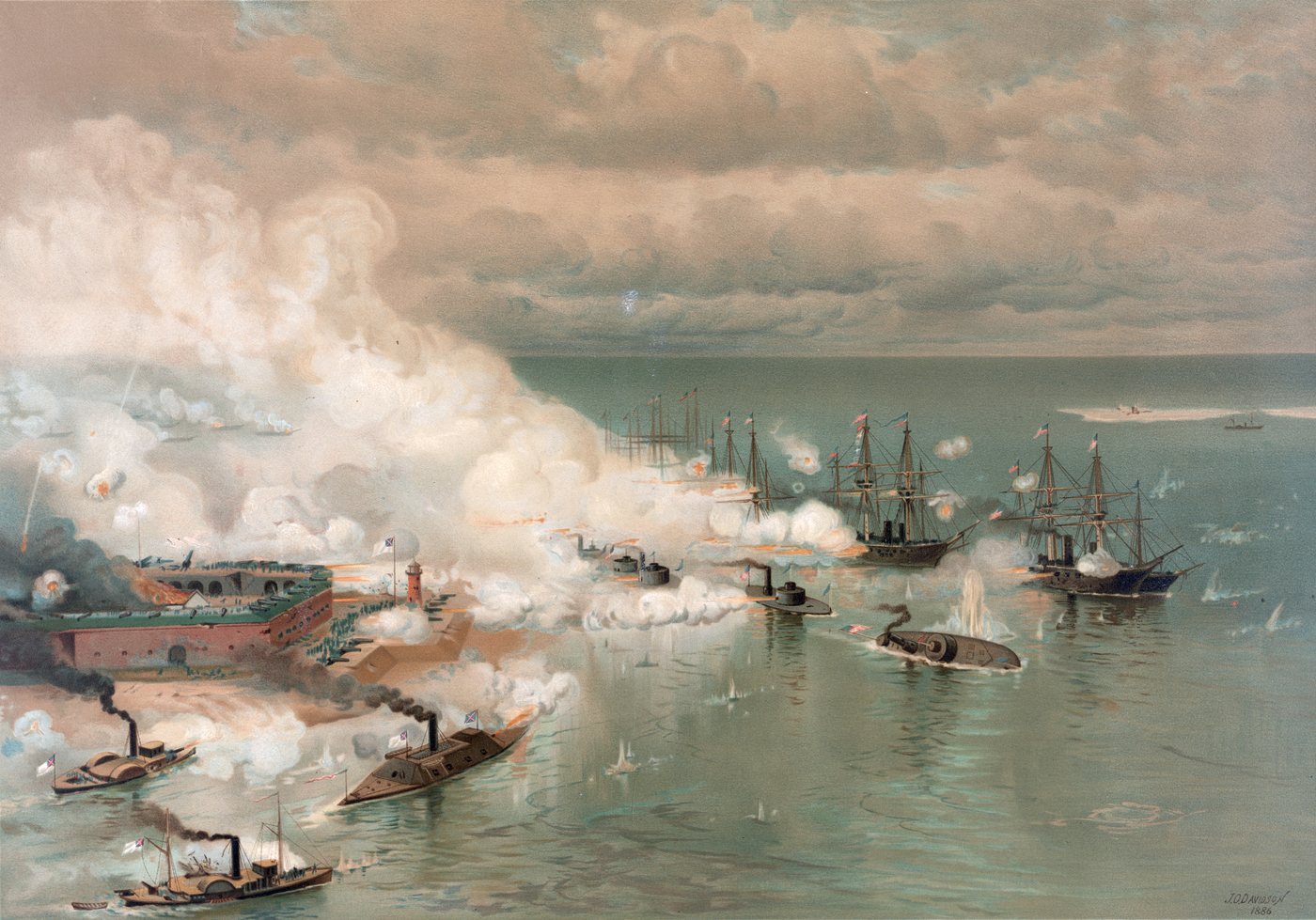 Colour print of ironclads and wooden warships firing amid smoke beside a brick fort