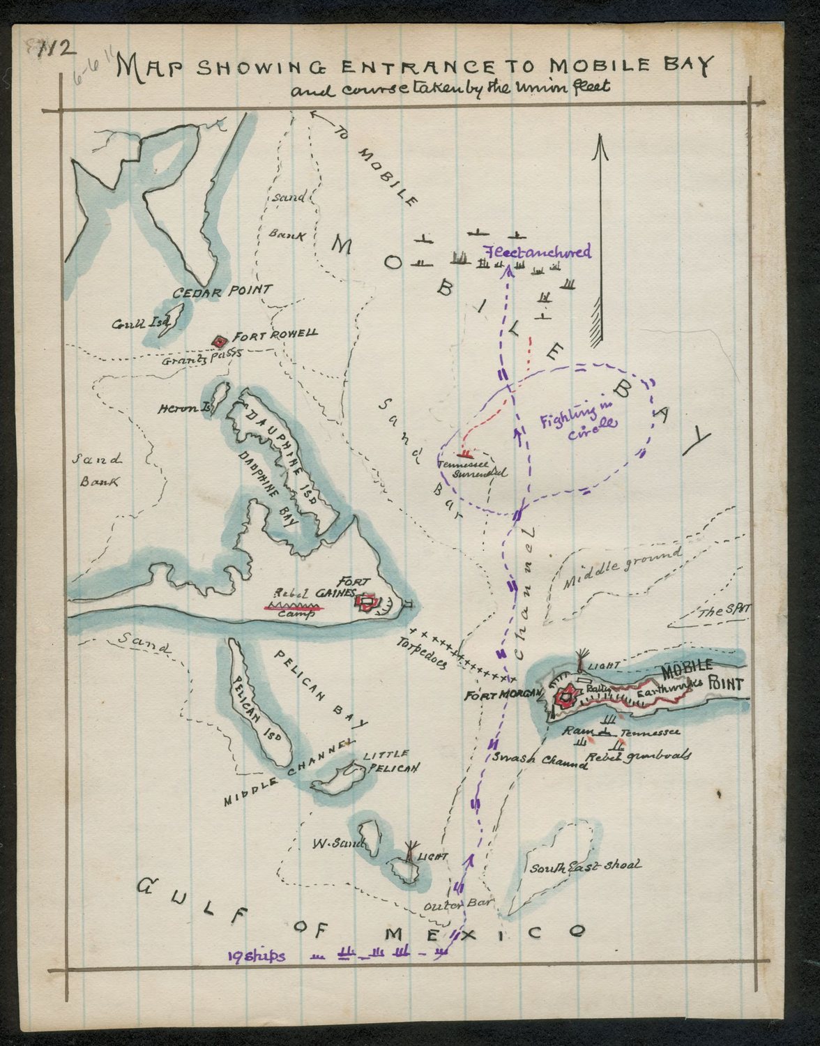 Hand-drawn coloured map of the mouth of Mobile Bay with forts and a dotted line for the fleet's course