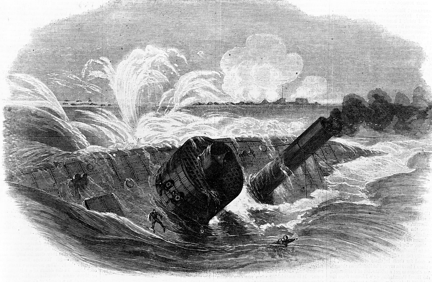 Engraving of an ironclad monitor capsizing bow first in a column of spray