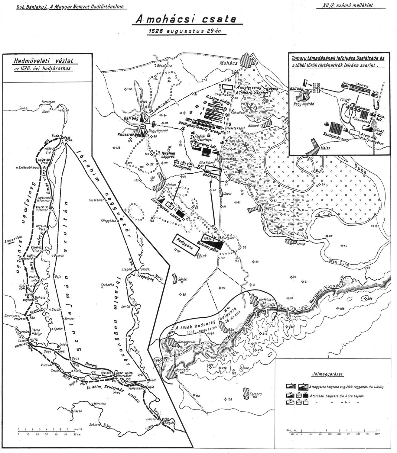 Black and white Hungarian military map of the Mohács battlefield beside the Danube