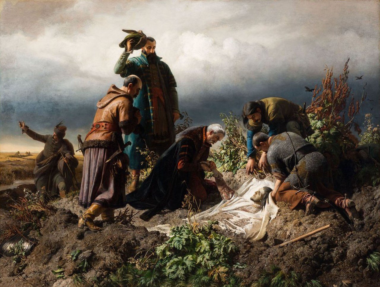 Painting of nobles and monks gathered over the body of a young king lying on a riverbank
