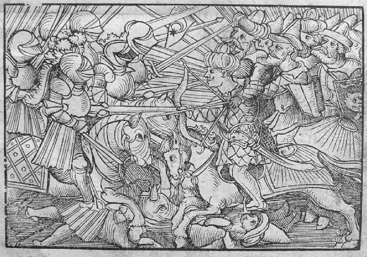 Black and white woodcut of armoured knights and turbaned horsemen fighting at close quarters