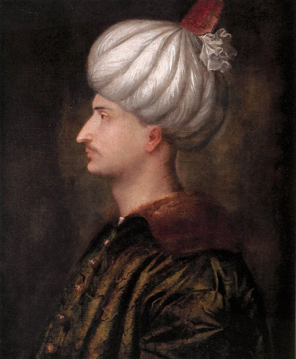 Renaissance profile portrait of a young sultan in a large white turban