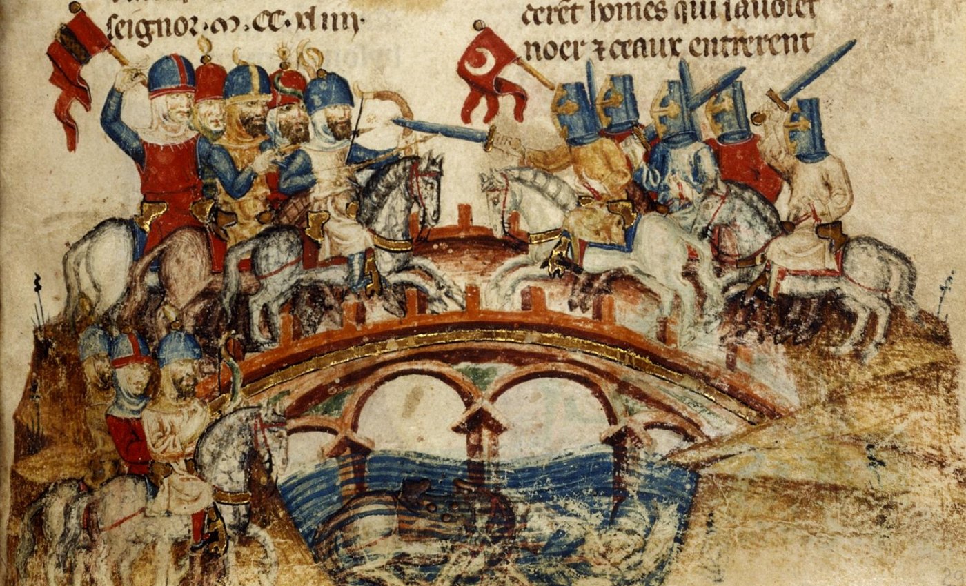 Medieval miniature of horsemen in blue helmets under a red crescent banner fighting knights in great helms across an arched bridge, with figures drowning in the river below