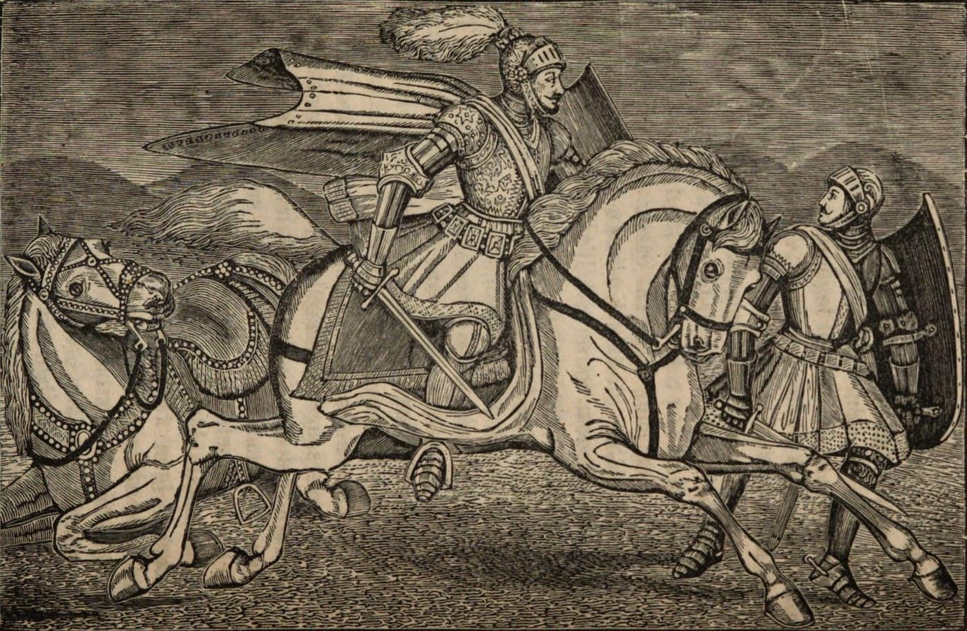 Engraving of a rider in a plumed helmet galloping past a fallen horse while an armored man on foot with a shield runs beside him, the scene of the legend of a knight giving the king his horse