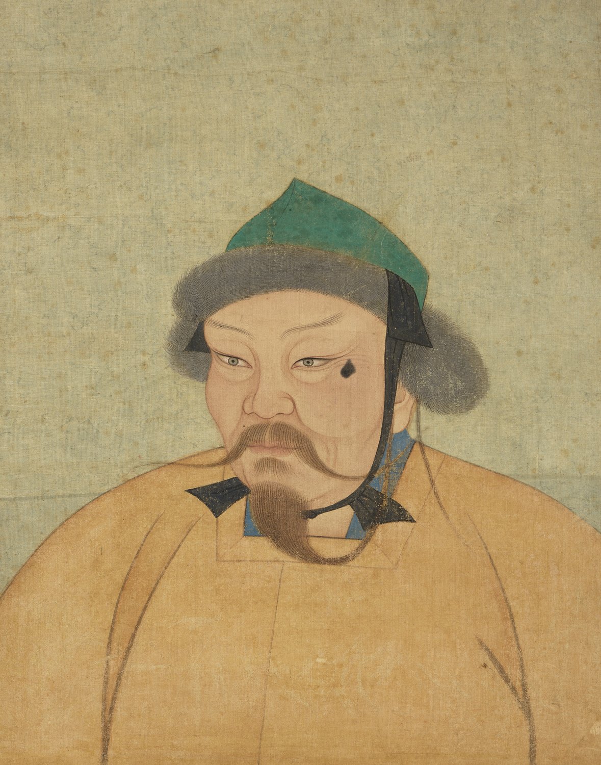 Painted portrait of a heavy-set Mongol ruler with a drooping moustache and a beard, wearing a green fur-trimmed hat and a yellow robe