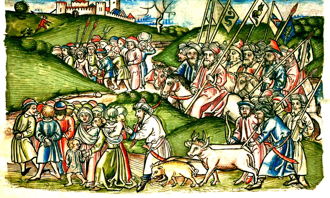 Hand-colored woodcut of turbaned horsemen with lances and banners driving captive men, women and children and their cattle across green hills below a walled town