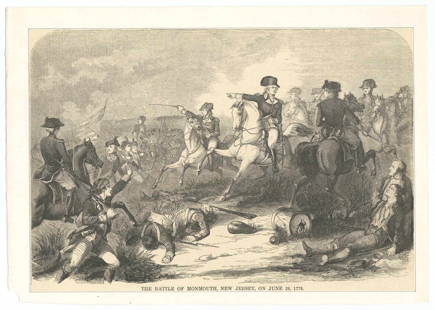 Engraving of officers on horseback pointing forward over fallen soldiers and a drum