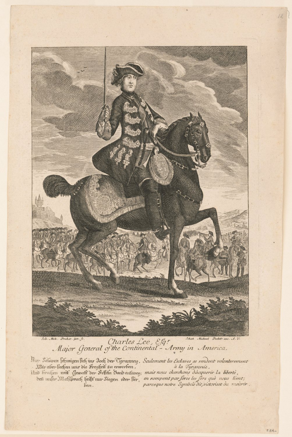 Engraving of a general on a rearing horse holding a sword, with troops in the background