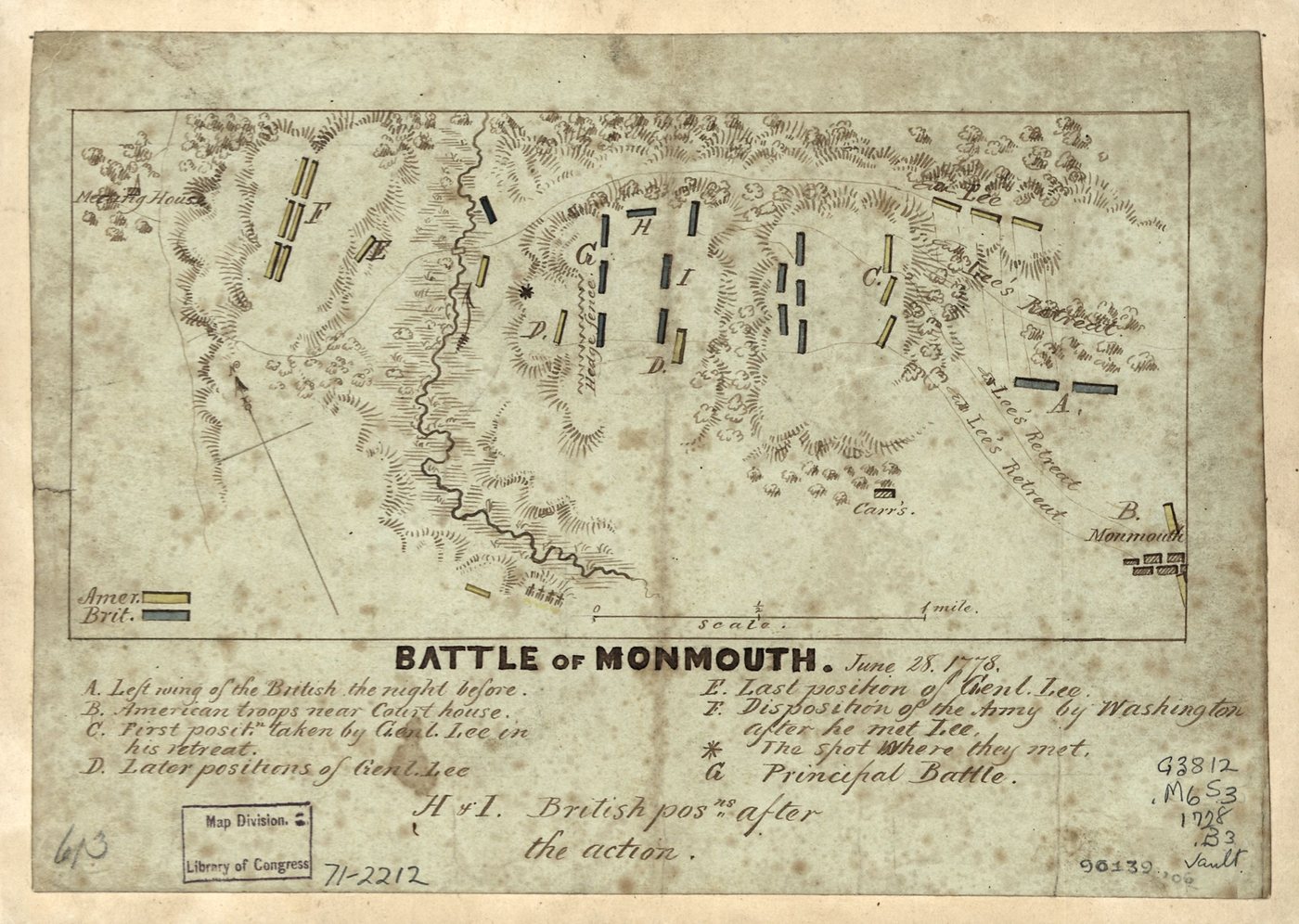 Hand drawn 18th century battle map with hachured hills and blocks for troop positions