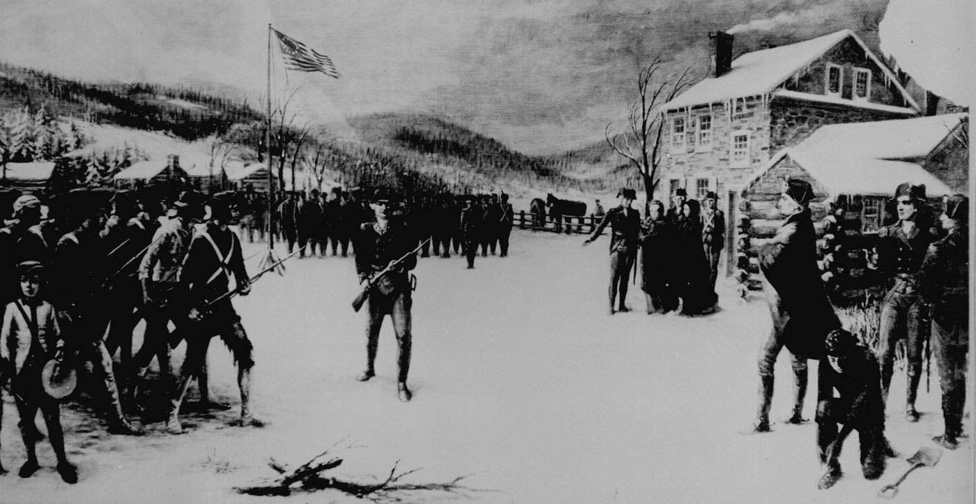 Black and white reproduction of a painting of officers and troops drilling in snow before a stone house