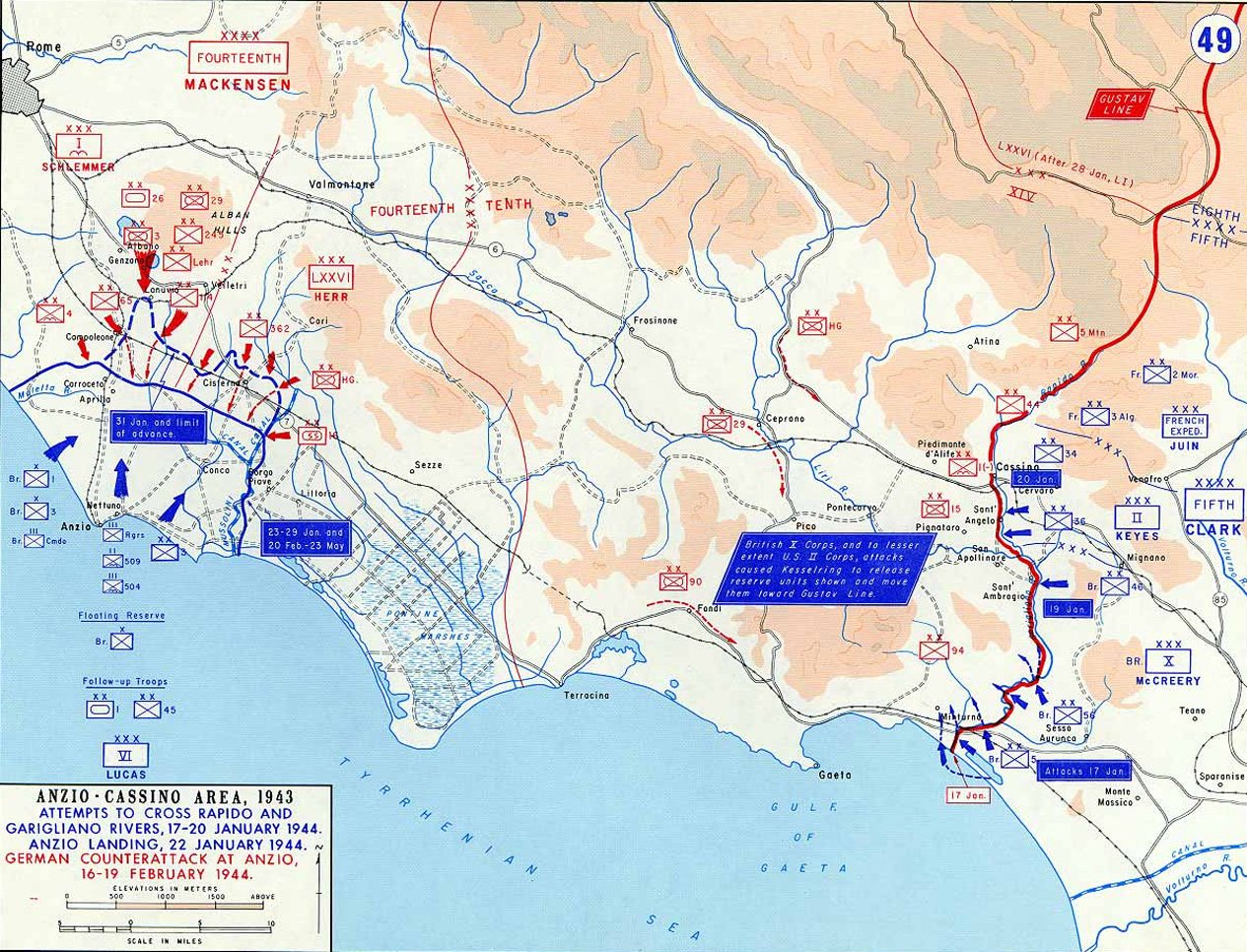 Mapa wojskowa środkowych Włoch między Cassino a Anzio z Linią Gustawa i natarciami aliantów