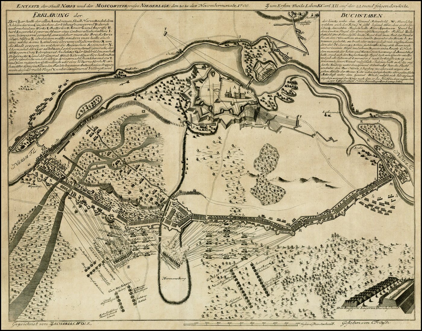 Engraved period map of a river fortress surrounded by siege lines with troop formations