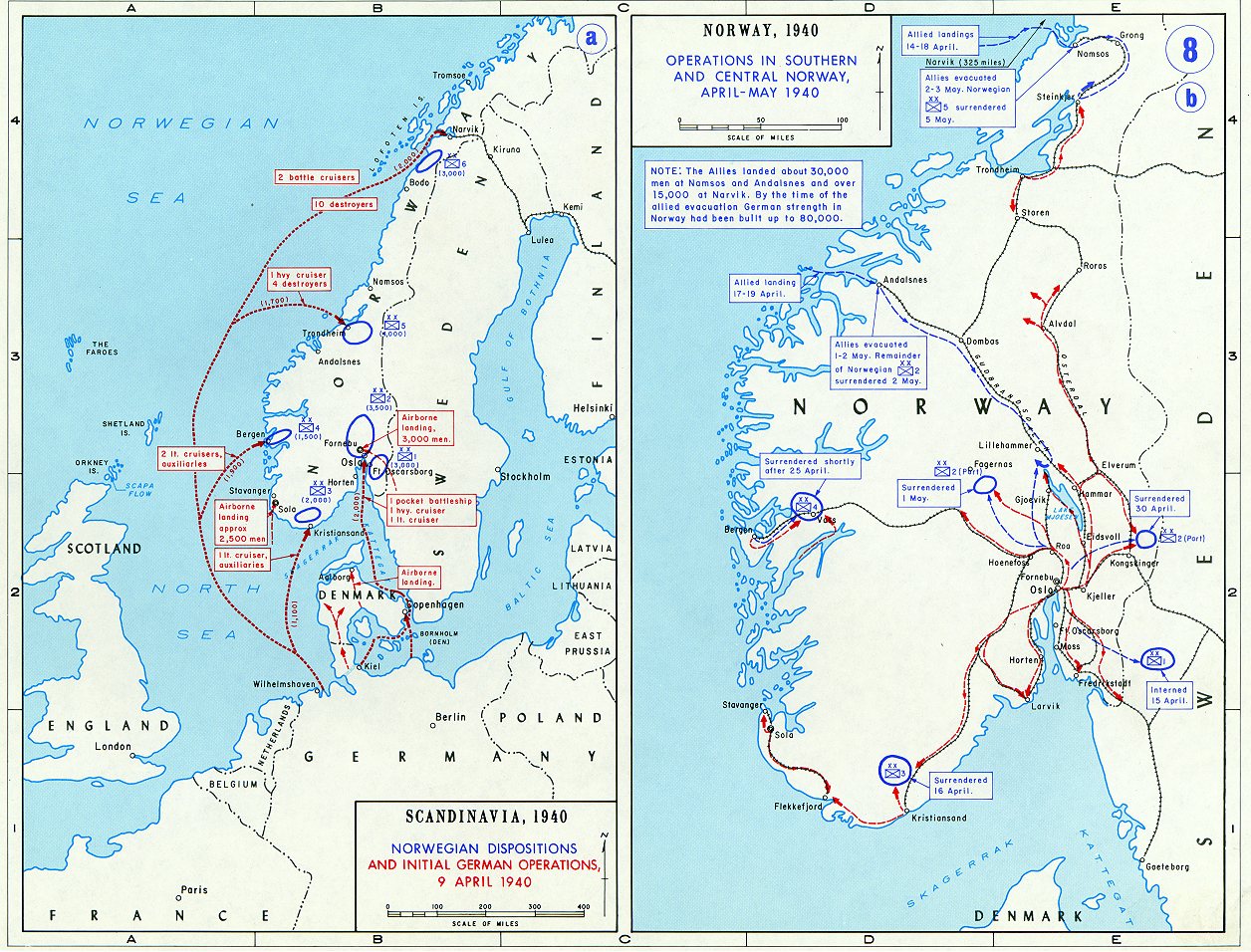 Dwie kolorowe mapy Skandynawii i Norwegii w 1940 roku ze strzałkami niemieckich desantów