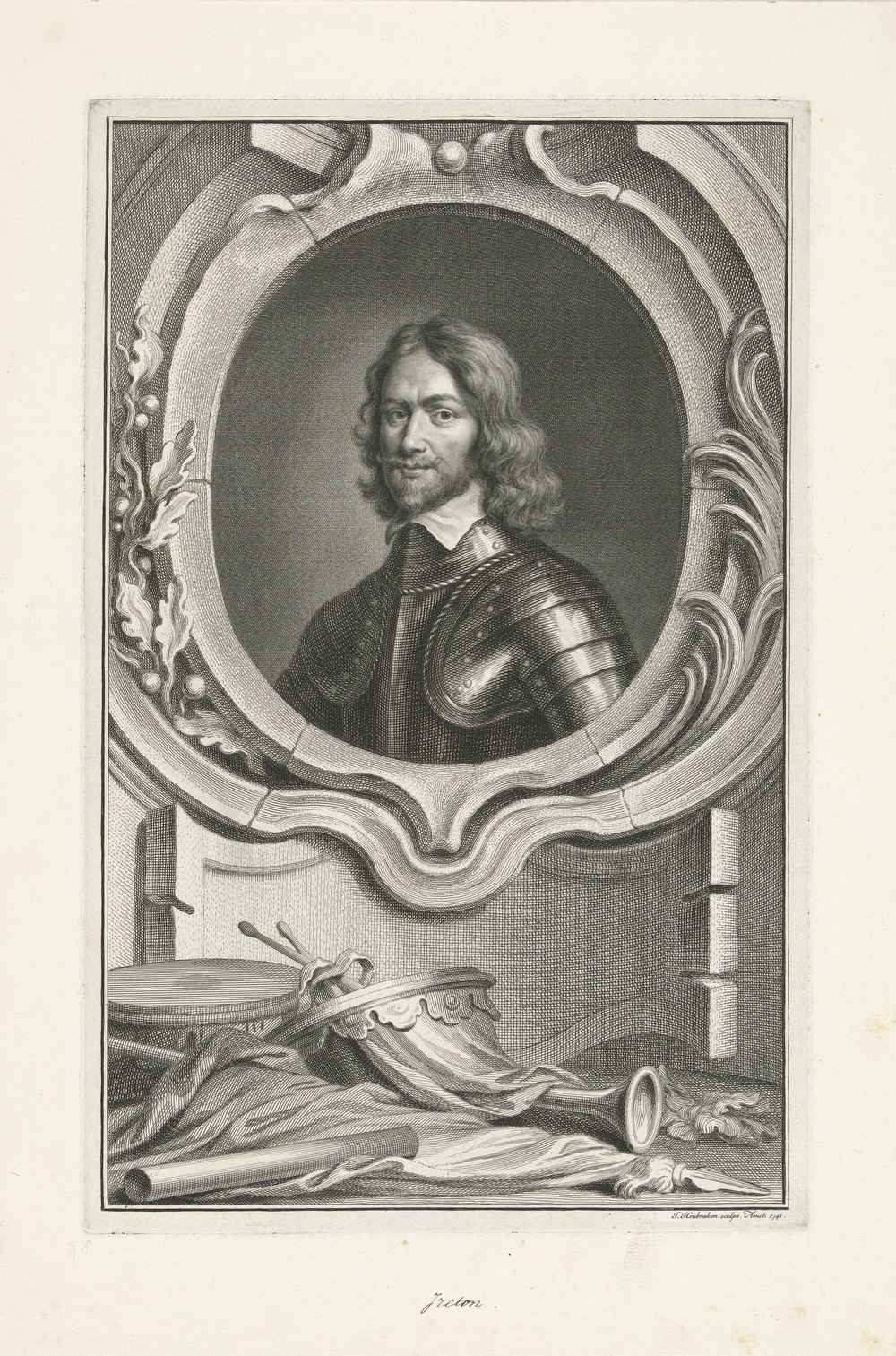 Engraved portrait of a man with shoulder-length hair, a small beard and a plain collar over plate armor, in an ornate oval frame above a drum, a trumpet and a furled flag