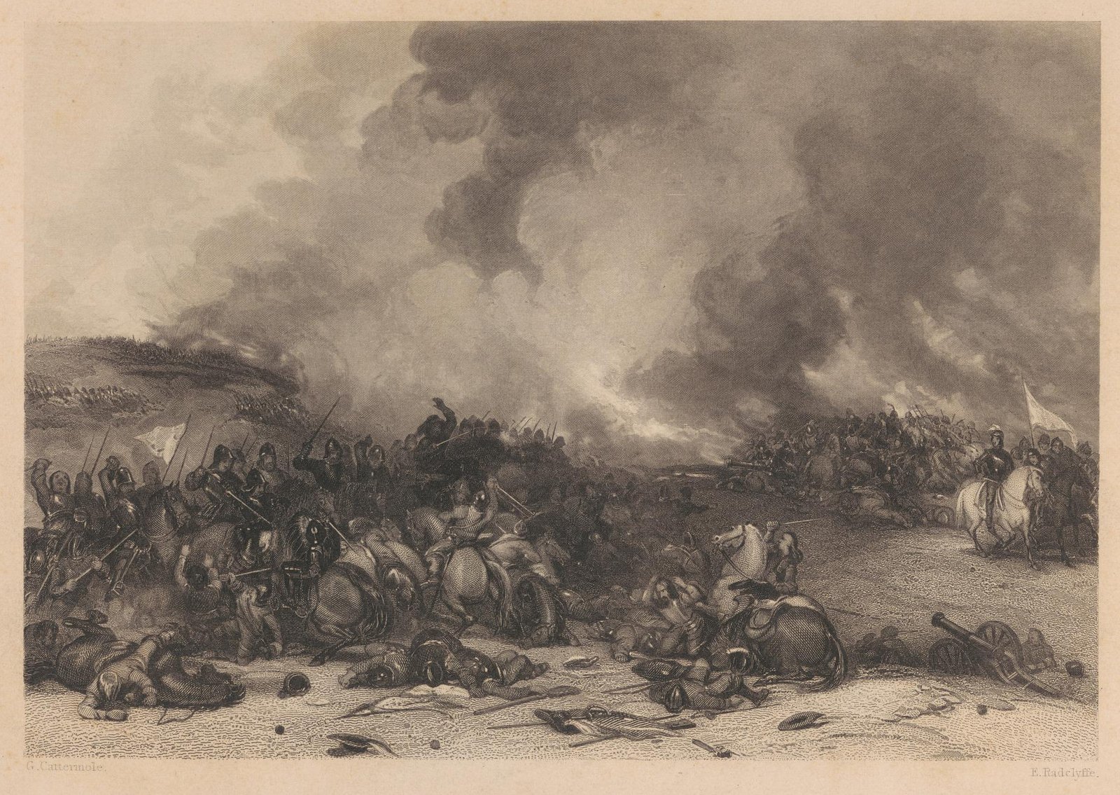 Engraving of a cavalry melee under clouds of smoke: armored horsemen with swords and pikes crash into one another over fallen men and horses, a cannon lies abandoned on the right and a commander on a white horse watches beneath a banner